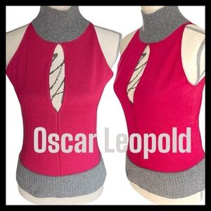 Oscar Leopold Pink/Grey Wool Blend Mock Neck Sleeveless Keyhole Knit Top (M)